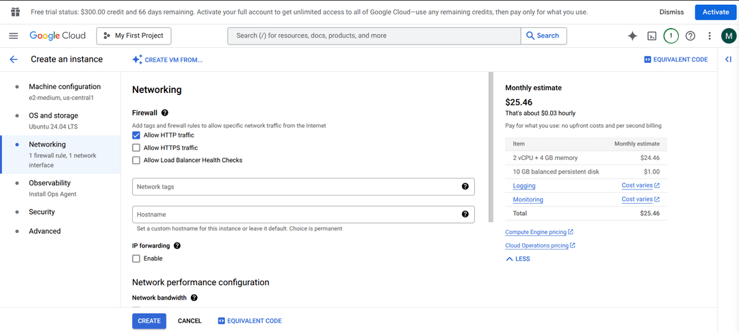 VM instance firewall settings