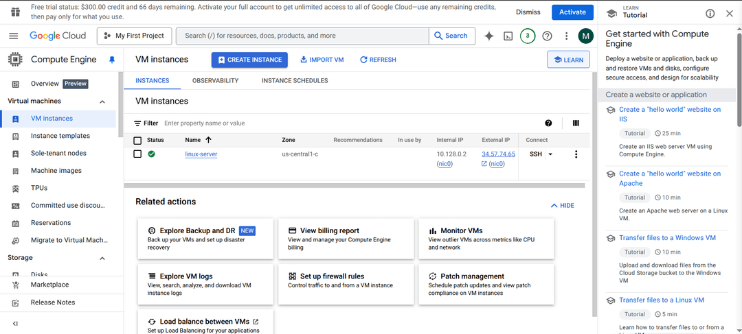 Google cloud console VM instances